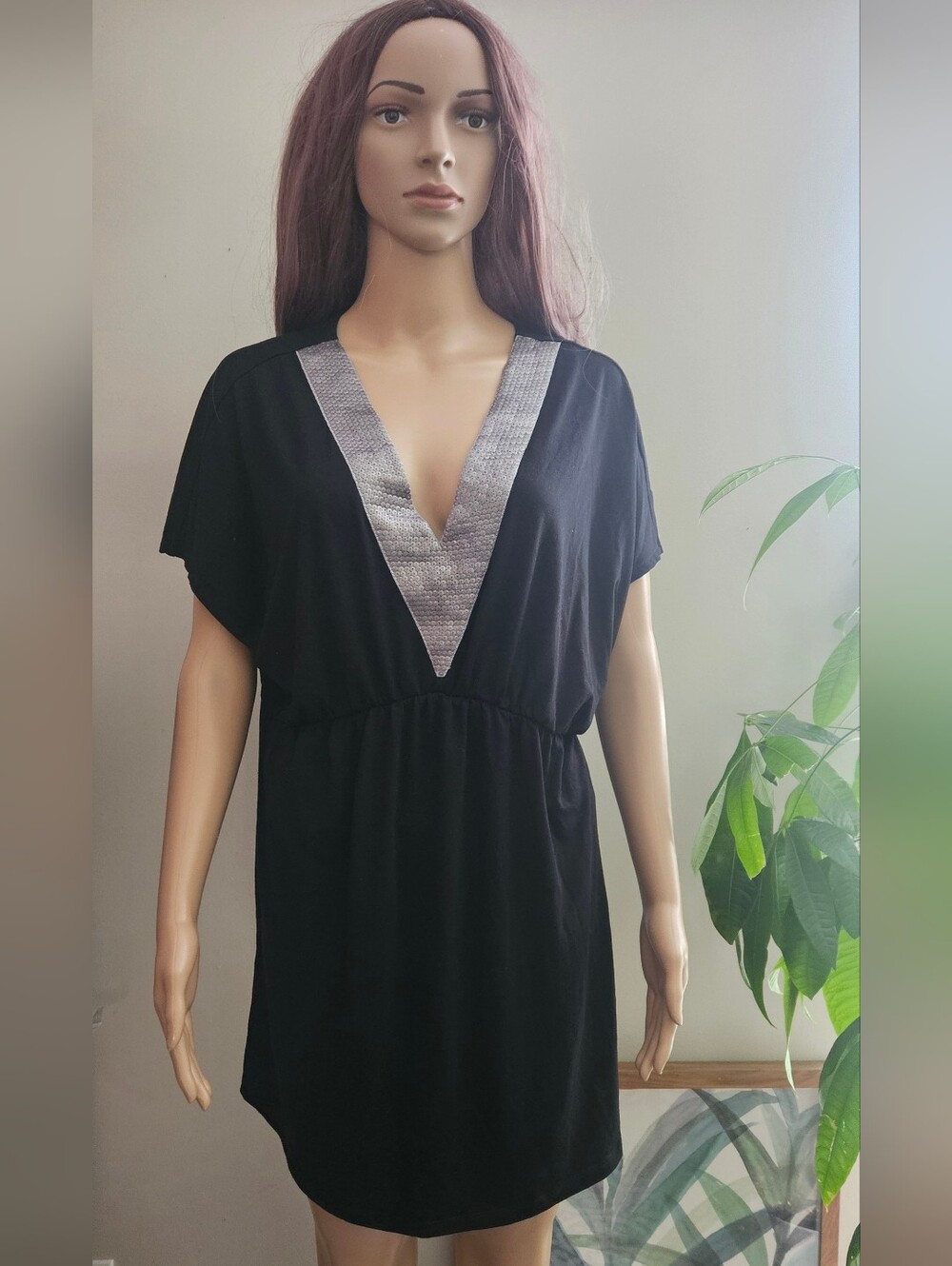 Miken Swim Cover Up Black V-Neck Tunic Dress with Silver Sequence Trim